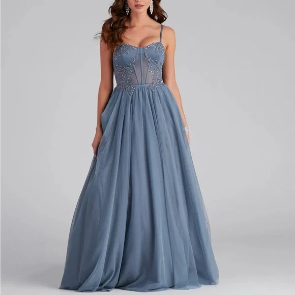 Windsor Blue Mesh Corset Prom Dress - Picture 1 of 12
